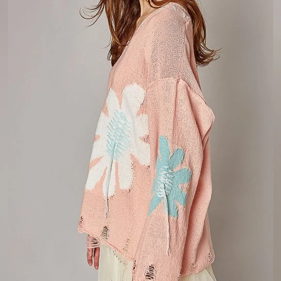 121. POL LAST 1! CLEARANCE embroidered lightweight distressed flower sweater - Picture 4 of 4